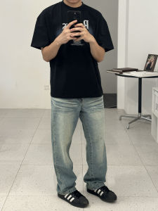 Retro Distressed Cat Whisker Design American High Street Vibe Mens Loose Straight Leg Long Jeans Denim Pants Trendy Fashion