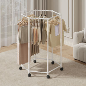 1pc Hexagonal Rotating Clothes Rack Home Metal Clothes Drying Rack Movable Balcony Bedroom Clothing Storage Rack With Pulleys