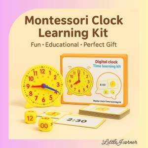 Children’s Digital Clock Time Learning Kit Montessori Educational Toy | Simulated Clock with Puzzle Cards & Dice | Early Math & Preschool Classroom Aid