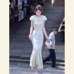 SHANGSHA | Summer Chinese Style Modified Elegant High Quality White Jacquard Dress Set