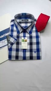 Áo sơ mi cộc tay Việt Tiến kẻ ô 1S6033 - Regular vạt ngang