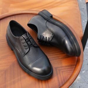 High-End Retro British Leather Derby Mens Business Casual Shoes Three-Buckle Thick Bottom Black Trendy Loafers