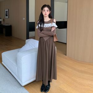 Pregnant Women Autumn Design Round Neck Off-shoulder Ruffle Long Sleeves Sweet Casual Long Dress