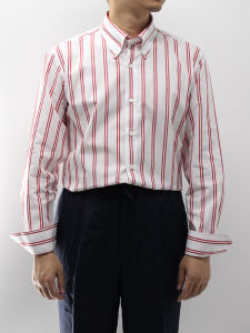 เสื้อเชิ้ตผู้ชาย Leo แขนยาวทรงตรงสีแดงลายทาง ผ้าฝ้ายแท้ คอกลม ทรงเข้ารูป สำหรับใส่ไปทำงานและลำลอง