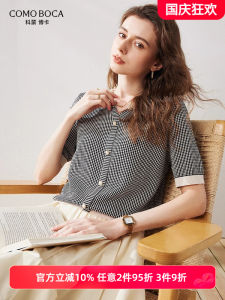 Comoboca Spring Summer Short Sleeve V-Neck Knitted Silk T-Shirt Womens Fake Button Design Top Cotton 70% Silk 30%