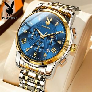 PLAYBOY 2024 New Style Mens Watch High Fashion Multifunctional Chronograph Stopwatch Waterproof Stainless Steel Strap Luminous Calendar