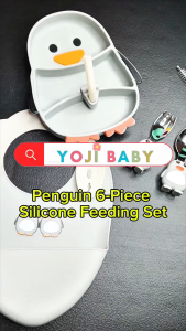 Yoji Baby Penguin Silicone Feeding Weaning Set for Baby Kid Suction Plate Spoon Fork Bib Brush Straw
