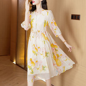 Impression Fashion Women Elegant Chiffon Floral V Neck 3/4 Lantern Sleeve Drawstring Waist A-line Long Dress Plus Size