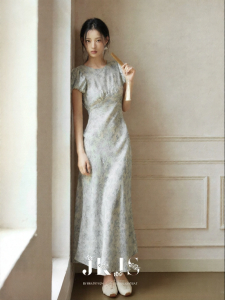 JK&JS | Linen Print Bubble Sleeve Elegant Long Dress