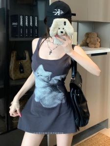 GUZILIAN | Casual Fashionable Cat Print Vest Top Large Collar Two-Way Strap Dress Korean Style Commute Pure Desire New Arrival