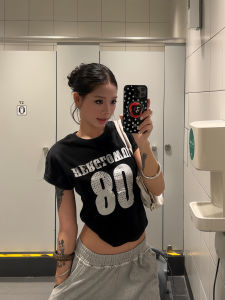 Washed Vintage American Style Short Sleeve T-Shirt Womens Street Dance Sport Top Summer Moisture Wicking round Neck Crop Top