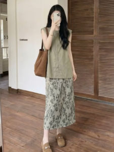 XIANENNI | Bộ Đồ Mới Thời Trang 2 Món Áo Vest Hoa Dress Xanh
