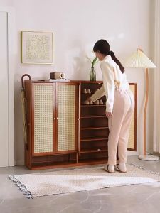 【On Hand】7 Layers Shoe Cabinet Wooden rattan shoe cabinet with multifunctional storage shoe rack storage bamboo storage shoe cabinet with door large capacity