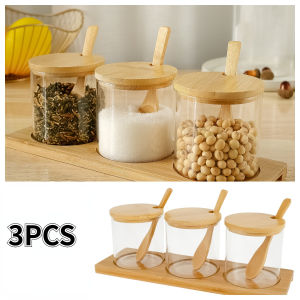 3Pcs Condiment Jars Set Clear Glass Condiment Pot Set Dust-Proof Seasoning Spice Container Multipurpose Condiment Container