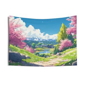 VIKAMA Chữa Lành Anime Làng Sakura Tấm Thảm Phong Cách Nhật Bản Vải Polyester Phòng Khách Phòng Ngủ Treo Tường Trang Trí
