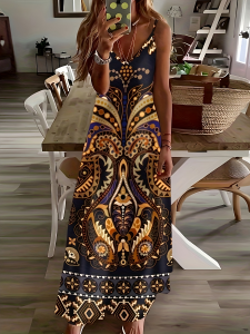 Printed Design Four Seasons casual style Geometric Tribal Pattern Design Print V-neck spaghetti strap dress