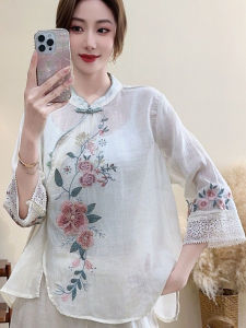 New 2025 Womens Cotton Linen Shirt Side Button Embroidery Loose Top Ethnic Style Chinese Nationalism Fashion Design Summer Thin