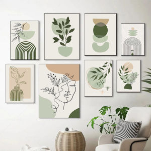 Boho Sage Green Plants Posters  Abstract Artwork Geometric Wall Art Canvas Painting Nordic Art Poster Living Room Home Decor
