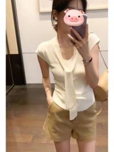 HUOLISI | Stylish French Designed Ribbon Icy Silk Short T-Shirt