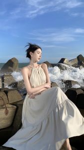 Váy Cà Vạt Màu Tím Retro Pháp Cho Nữ Mùa Hè Không Tay Polyester Chiều Dài Trung Bình Váy Midi Có Cổ Áo Chui Đầu