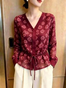 KUNAILIN | Commuter Style Red V-Neck Rose Print Top Waist-Tie