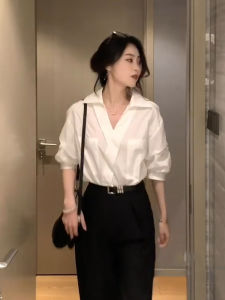 French Elegant Blue V-neck Shirt Women Summer New Loose Casual Shirt Commute Professional Interview Polyester Fiber Short Sleeve