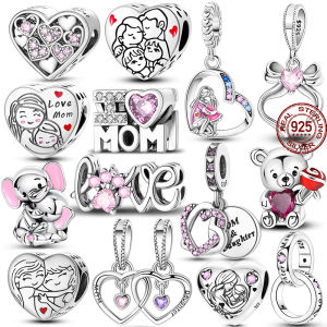Original Sterling Silver ของขวัญแม่ Charms หัวใจสีชมพู Love MOM จี้ครอบครัวลูกปัดสร้อยข้อมือ DIY ของขวัญผู้หญิงเครื่องประดับ