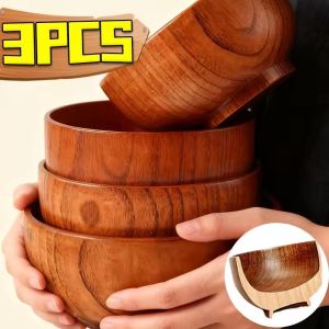1/3 Bát gỗ tự nhiên Bát gỗ làm bằng tay để cơm súp Bộ đồ ăn nhà bếp salad hộp đựng thức ăn Bát nhiều kích cỡ gia đình