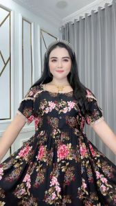 Natasha NataList - Pakaian Wanita Midi Dress Busui Kancing Aktif Depan Langan Pendek Katun Rayon