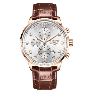 LIGE Quartz Watches Men 100% Original Leather Strap Waterproof Chronograph Sports Watch + Box