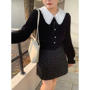 New Years plus Size Womens Black Velvet Shirt Loose Long Sleeve Doll Collar Detachable Commute Style Regular Length