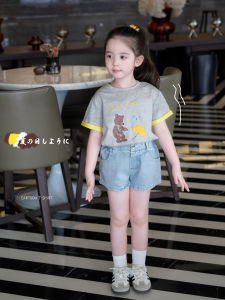 AnnieGirl Premium Cotton Embroidered Bear Print Cartoon T-Shirt Girls Color Block Short Sleeve Summer New Arrival Casual Loose Fit
