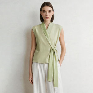 AMII | Summer Office Wear V-Neck Satin Tie Flowy Blouse