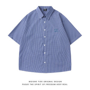 Loose Fit Plaid Shirt Short Sleeve Mens Summer American Retro Blue Check Couples Shirt Youth Trendy Embroidered Casual Wear