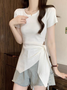 Plus Size Womens Summer Stylish Western Style Shoulder Short Sleeve T-shirt Plus Size Ladies Silm Slim Looking Irregular Slit Tops