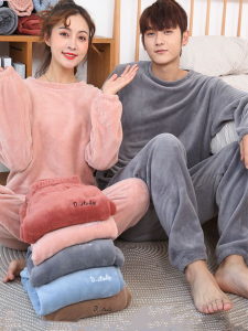 ผู้หญิง ฤดูหนาว หนาขึ้น Coral ผ้าขนแกะ Warm กางเกง Set ลำลอง หลวม พลัสไซส์ Home Wear Jacket สบาย ชุดนอน