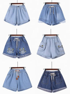 กางเกงขาสั้นยีนส์เอวสูงไซส์ใหญ่สำหรับผู้หญิง กางเกงขาสั้นทรงหลวมๆ ทรงเอ กางเกงขายาวห้าส่วน ทรงสลิม เอวยางยืด สำหรับฤดูร้อน