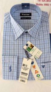 [Việt Tiến] Áo Sơ Mi Dài Tay - Regular (Suông) - Vạt Bầu - Kẻ ô màu xanh nhạt