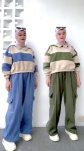 Sweater rugby cewek atasan kekinian motif garis belang terlaris