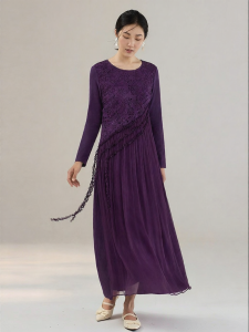 Silk Embroidery Waist Cinched Multi-color Long Sleeve Dress