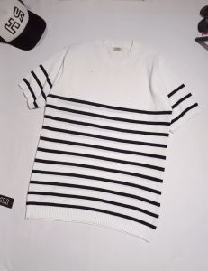 sweater pria dewasa crewneck - baju rajut pria tangan pendek kerah bulat belang hitam setrip putih coral crewneck nyaman mewah