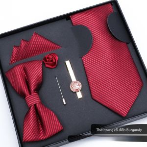 Bộ 5 Chiếc Khăn Quàng Cổ Đỏ Rượu Vang Cho Nam Cưới Đám Cưới Kẹp Cổ Áo Khăn Choàng Lụa Cao Cấp Quà Tặng Sinh Nhật Ngày Lễ