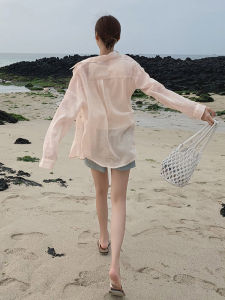 Light Pink Cotton Linen Casual Loose Womens Shirt Summer Spring Beach Vacation Open Cardigan Sun Protection Long Sleeve Polo Collar