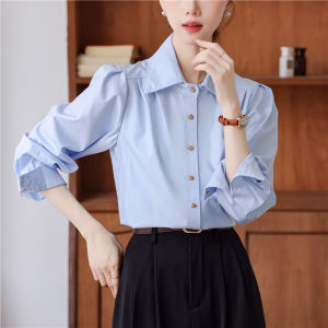 Blue Formal Shirt for Women Long Sleeve Commute Style Korean Version Polyester Fiber 100% Pure Color Shirt Office Wear