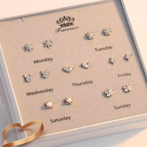 ต่างหูเงินแท้ 925 ชุดเจาะหูแบบหนึ่งสัปดาห์ เครื่องประดับแฟชั่นสำหรับผู้หญิง วันเกิดของแฟนสาว ชุดเซ็ต เครื่องประดับแบบเจาะหู โลหะผสม