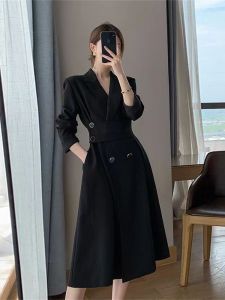 Elegant Black Professional Suit Dress Autumn Winter High Waist A-Line Skirt Long Sleeve Double Breasted Fashionable plus Size