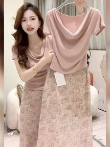 Elegant Cool Pink Short Sleeve Chiffon Floral Dress