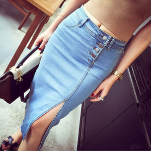 High Waist Slit Denim Skirt Womens Spring Summer New Style Elastic over Knee mid Length Wrap around Skirt Korean Style Commute