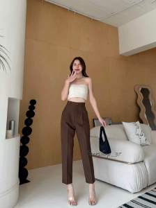 กางเกงเอวสูงทรงกระบอกเล็กรุ่น9ส่วนกระดุมลายเสือS-3xl