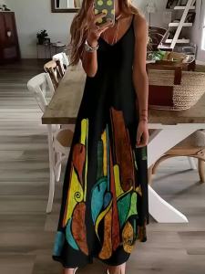 Printed Design Four Seasons casual style Abstract Colorful Artistic Shapes Pattern V-neck sling dress